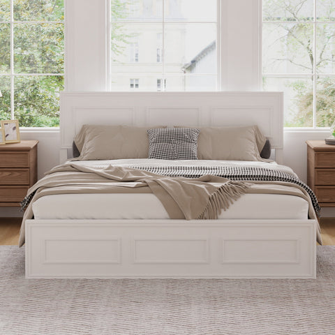 Queen Size Pine Wood Bed Frame with Adjustable Height Headboard & Under-Bed Storage for Bedroom, Apartment, Space Saving
