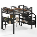 Full Size Metal Loft Bed with Storage Stairs, Movable Desk with USB, LED Light, Pegboard & Full-Length Guardrail, Black