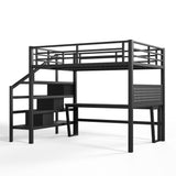 Full Size Metal Loft Bed with Storage Stairs, Movable Desk with USB, LED Light, Pegboard & Full-Length Guardrail, Black