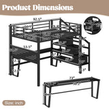 Full Size Metal Loft Bed with Storage Stairs, Movable Desk with USB, LED Light, Pegboard & Full-Length Guardrail, Black
