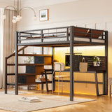 Full Size Metal Loft Bed with Storage Stairs, Movable Desk with USB, LED Light, Pegboard & Full-Length Guardrail, Black