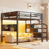 Full Size Metal Loft Bed with Storage Stairs, Movable Desk with USB, LED Light, Pegboard & Full-Length Guardrail, Black