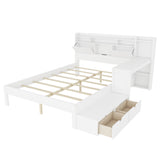 Queen Size LED Bed Frame with Storage Headboard & Charging Station, Wood Platform Bed with Reversible Desk & Drawers