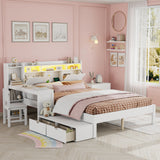 Queen Size LED Bed Frame with Storage Headboard & Charging Station, Wood Platform Bed with Reversible Desk & Drawers