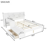 Queen Size LED Bed Frame with Storage Headboard & Charging Station, Wood Platform Bed with Reversible Desk & Drawers