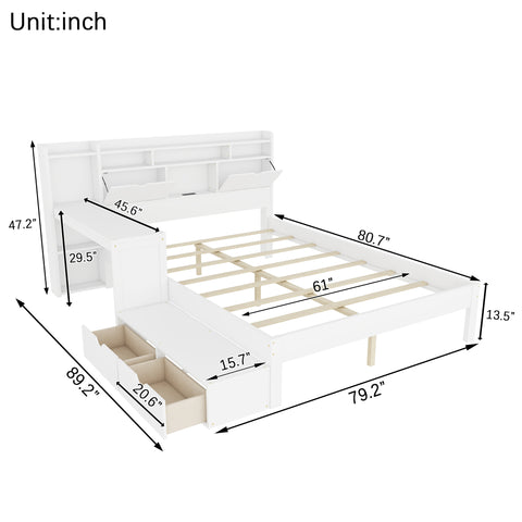Queen Size LED Bed Frame with Storage Headboard & Charging Station, Wood Platform Bed with Reversible Desk & Drawers