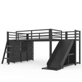 Twin Size Metal Loft Bed with Storage Drawers, LED strip, Open Cubby Shelves, Hang Bar, Slide & Ladder, Black