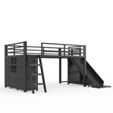 Twin Size Metal Loft Bed with Storage Drawers, LED strip, Open Cubby Shelves, Hang Bar, Slide & Ladder, Black