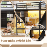 Twin Size Metal Loft Bed with Storage Drawers, LED strip, Open Cubby Shelves, Hang Bar, Slide & Ladder, Black