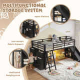 Twin Size Metal Loft Bed with Storage Drawers, LED strip, Open Cubby Shelves, Hang Bar, Slide & Ladder, Black