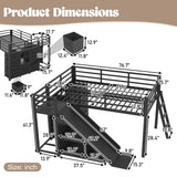 Twin Size Metal Loft Bed with Storage Drawers, LED strip, Open Cubby Shelves, Hang Bar, Slide & Ladder, Black