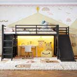 Twin Size Metal Loft Bed with Storage Drawers, LED strip, Open Cubby Shelves, Hang Bar, Slide & Ladder, Black