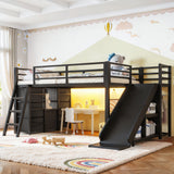 Twin Size Metal Loft Bed with Storage Drawers, LED strip, Open Cubby Shelves, Hang Bar, Slide & Ladder, Black