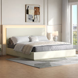 King Size Platform Bed Frame with Headboard & LED Light, Modern Minimalist Bed, White