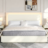 King Size Platform Bed Frame with Headboard & LED Light, Modern Minimalist Bed, White