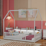 Twin House Floor Bed with Storage Shelves, LED Lights & USB Ports, Low Kids Floor Bed with Safety Guardrails