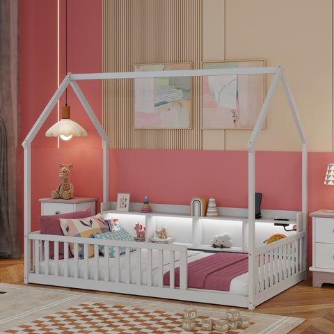 Twin House Floor Bed with Storage Shelves, LED Lights & USB Ports, Low Kids Floor Bed with Safety Guardrails
