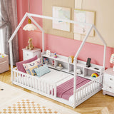 Twin House Floor Bed with Storage Shelves, LED Lights & USB Ports, Low Kids Floor Bed with Safety Guardrails