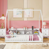 Twin House Floor Bed with Storage Shelves, LED Lights & USB Ports, Low Kids Floor Bed with Safety Guardrails