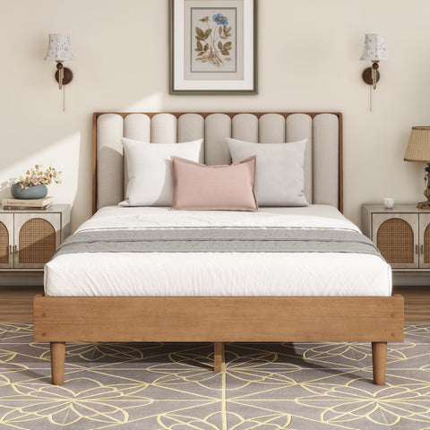 Queen Size Wood Platform Bed Frame with Piano Key Upholstered Headboard
