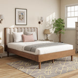 Queen Size Wood Platform Bed Frame with Piano Key Upholstered Headboard