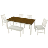 6pcs Extendable Dining Table Set for 6, Modern Farmhouse Kitchen Dining Set with 4 Ergonomic Curved Padded Dining Chairs&Bench,Brown+Beige