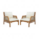 2pcs Patio Club Chair with Wicker, Acacia Wood Accent Chair Outdoor Armchair with Water-Resistant Cushions