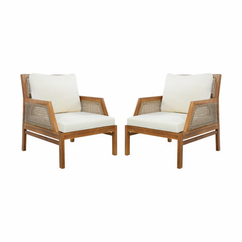 2pcs Patio Club Chair with Wicker, Acacia Wood Accent Chair Outdoor Armchair with Water-Resistant Cushions