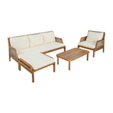 4-Piece Acacia Wood Patio Furniture Set, Outdoor Wicker Conversation Set with Sofa, Coffee Table & Cushions