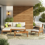4-Piece Acacia Wood Patio Furniture Set, Outdoor Wicker Conversation Set with Sofa, Coffee Table & Cushions