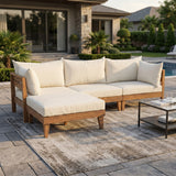 6-Piece Acacia Wood Patio Daybed Set, Modular Outdoor Sectional Sofa with Ottomans, Cushions & Pillows, Light Teak+Beige