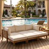 6-Piece Acacia Wood Patio Daybed Set, Modular Outdoor Sectional Sofa with Ottomans, Cushions & Pillows, Light Teak+Beige