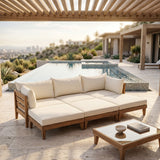 6-Piece Acacia Wood Patio Daybed Set, Modular Outdoor Sectional Sofa with Ottomans, Cushions & Pillows, Light Teak+Beige