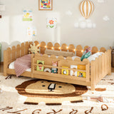 Twin Size LED Floor Bed for Toddler, Kids Montessori Bed Frame with Guardrail & Bookshelf for Bedroom, Apartment