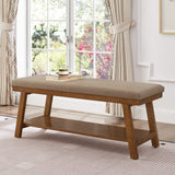 43.5" Linen Upholstered Storage Bench with Open Shelf, Bed End Bench with Cushion for Living Room, Bedroom, Entryway