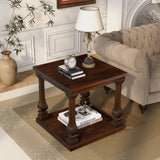Farmhouse 24.8" Square Wood End Table with Storage Shelf, 2-Tier Side Table Nightstand with Carved Leg for Living Room, Bedroom