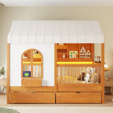 Twin Size House Bed Tent Bed Kids Bed Frame with 2 Drawers, Side LED Bookshelf & Built-In Charging Station
