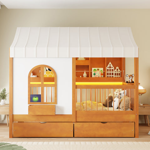 Twin Size House Bed Tent Bed Kids Bed Frame with 2 Drawers, Side LED Bookshelf & Built-In Charging Station
