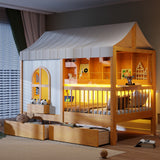Twin Size House Bed Tent Bed Kids Bed Frame with 2 Drawers, Side LED Bookshelf & Built-In Charging Station