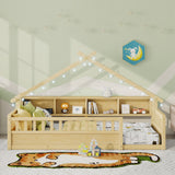 Twin House Floor Bed with LED Light & Bookshelves, Low Montessori Bed with Guardrails for Kids