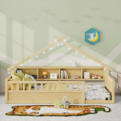Twin House Floor Bed with LED Light & Bookshelves, Low Montessori Bed with Guardrails for Kids