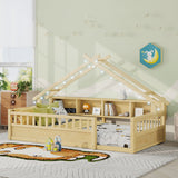 Twin House Floor Bed with LED Light & Bookshelves, Low Montessori Bed with Guardrails for Kids