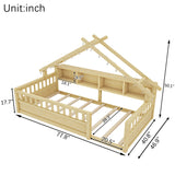 Twin House Floor Bed with LED Light & Bookshelves, Low Montessori Bed with Guardrails for Kids
