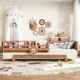 Full Montessori Floor Bed with Guardrails & Bookshelves, Solid Wood Kids Bed Frame with Low Profile Design
