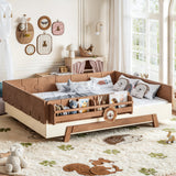 Full Montessori Floor Bed with Guardrails & Bookshelves, Solid Wood Kids Bed Frame with Low Profile Design