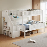 Full XL Over Queen Bunk Bed with Storage Staircase, LED Bookshelf, Solid Wood Bunk Bed Frame, Full-Length Guardrails