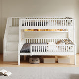 Full XL Over Queen Bunk Bed with Storage Staircase, LED Bookshelf, Solid Wood Bunk Bed Frame, Full-Length Guardrails