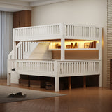 Full XL Over Queen Bunk Bed with Storage Staircase, LED Bookshelf, Solid Wood Bunk Bed Frame, Full-Length Guardrails