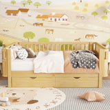 Full Kids Platform Bed with Guardrails & Storage Drawers, Solid Wood Convertible Daybed Low Profile Bed Frame