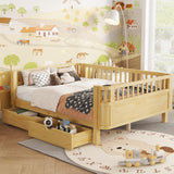 Full Kids Platform Bed with Guardrails & Storage Drawers, Solid Wood Convertible Daybed Low Profile Bed Frame